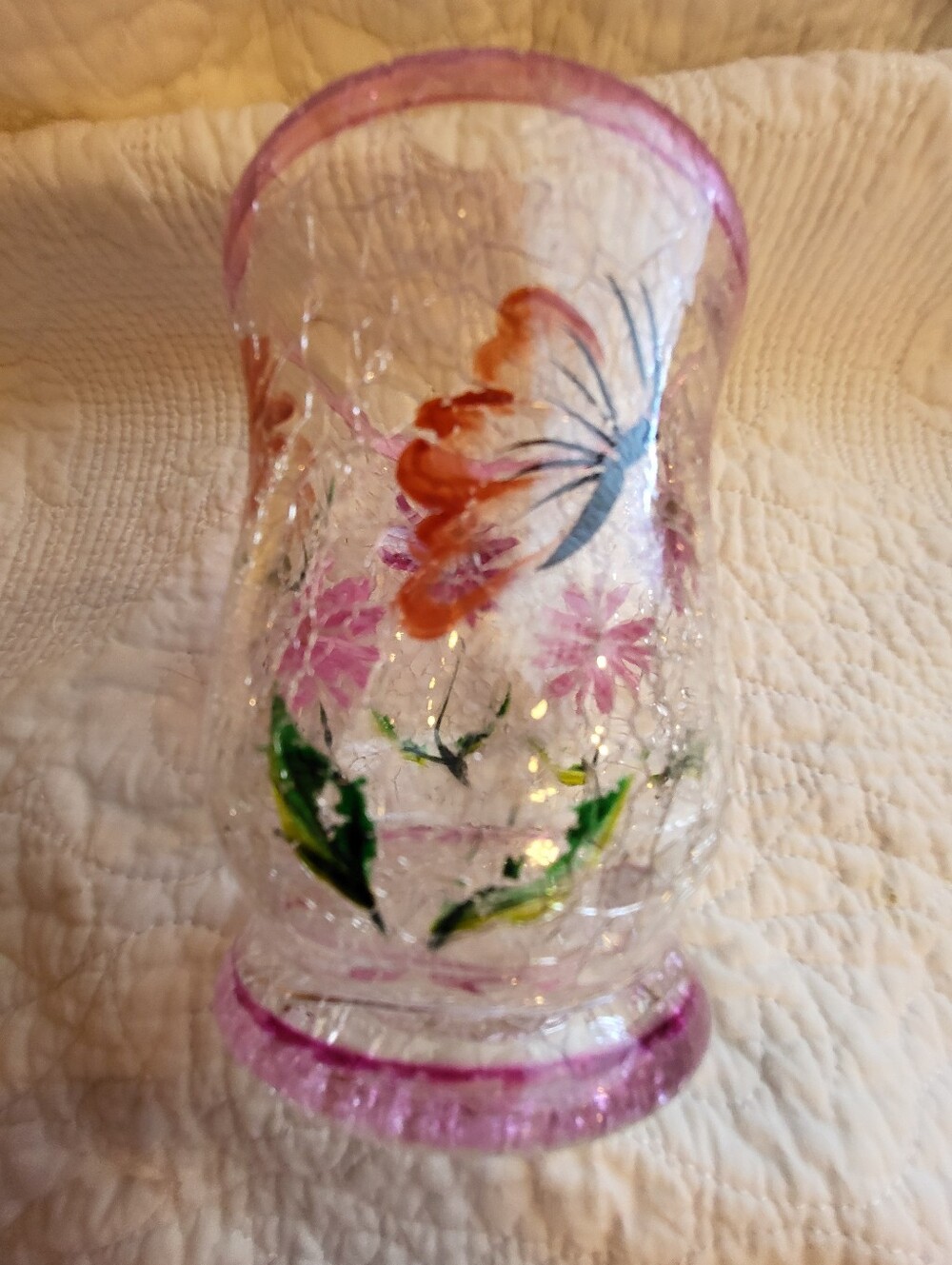 Hand-Painted Pink Floral Crackle Glass Vase - Picture 9 of 12